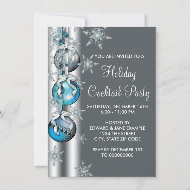 Teal Silver Snöflinga Ornament Julfest Inbjudningar (Framsida)