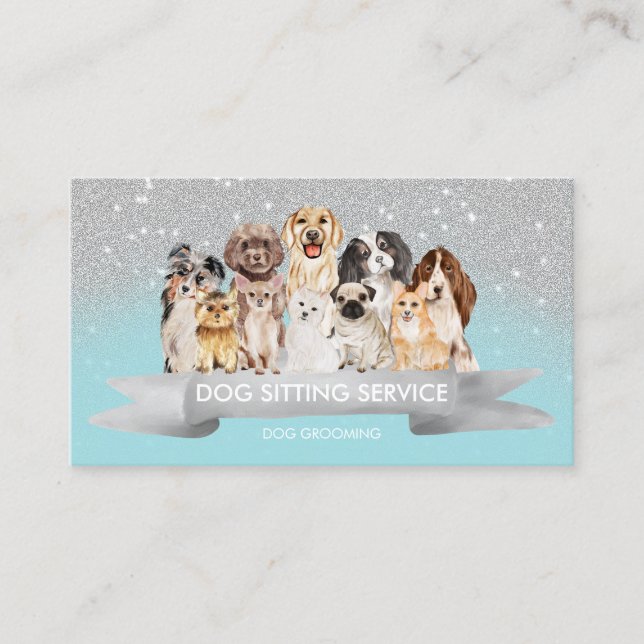 Teal Silver Söt Glitter Husdjursvakt Hundpromenera Visitkort (Framsida)