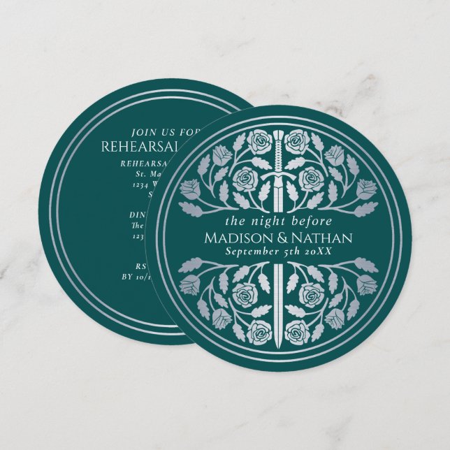 Teal Silver Svärd Royal Bröllopsrepetition Inbjudningar (Fram/baksida)