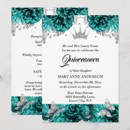 Teal silver tiara butterfly blue ro quinceanera inbjudningar