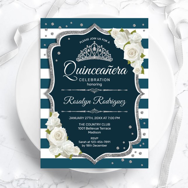 Teal Silver White Elegant Quinceanera Inbjudningar (Skapare uppladdad)