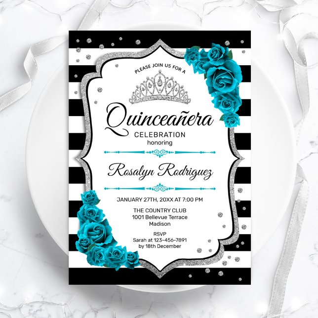 Teal Silver White Quinceanera Inbjudningar (Skapare uppladdad)