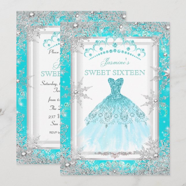 Teal Silver Winter Wonderland Sweet 16 Party Inbjudningar (Fram/baksida)