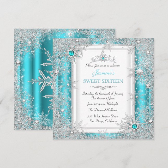 Teal Silver Winter Wonderland Sweet 16 Snowflake Inbjudningar (Fram/baksida)