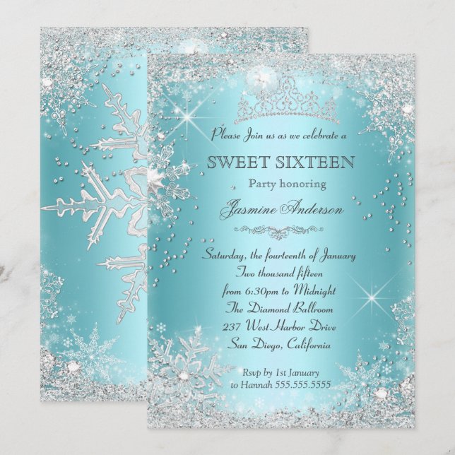 Teal Silver Winter Wonderland Sweet 16 Tiara Inbjudningar (Fram/baksida)