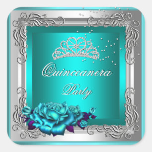 Teal Silvera Rosor Quinceanera 15-årsdag Fyrkantigt Klistermärke
