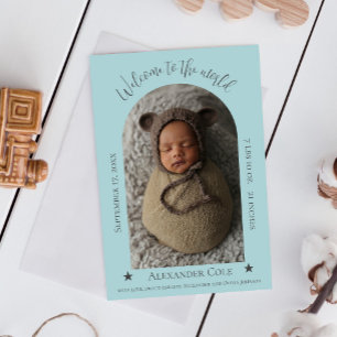 Teal Simple Arch Ram Photo Birth Notice Meddelande