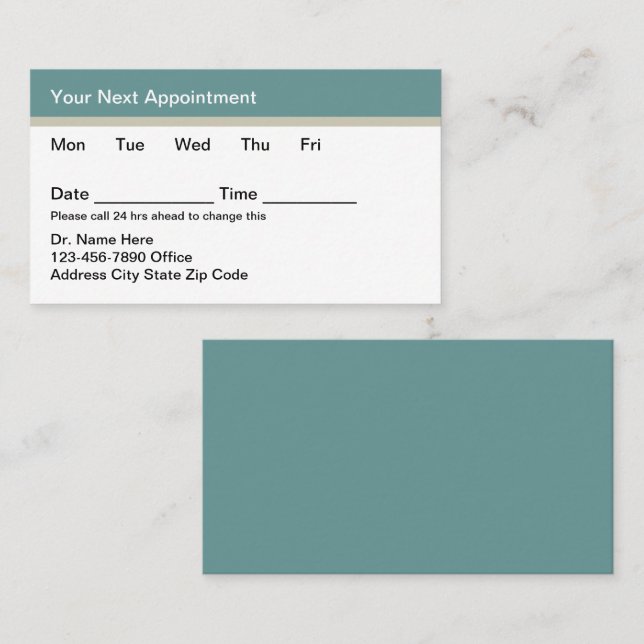 Teal Simple Budget Medical Appointment Cards Tidsbeställning Kort (Fram/baksida)