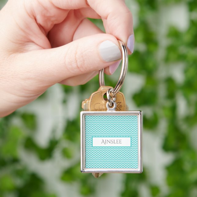Teal Simple Chevron Personlig Keychain Fyrkantig Silverfärgad Nyckelring (Hand)