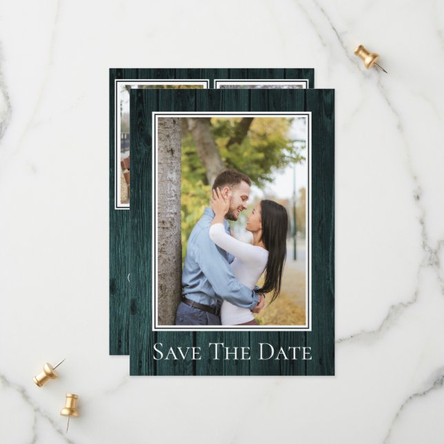 Teal Simple Rustic Photo Save Date Spara Datumet (Fram/Back In Situ)