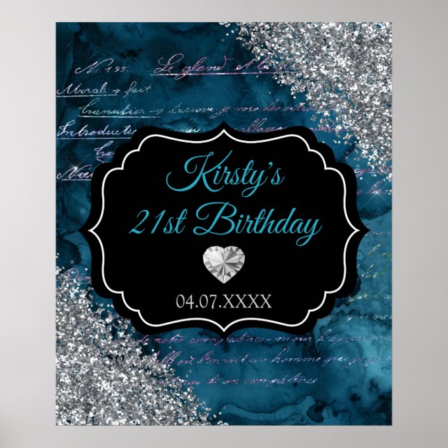 Teal Sjöjungfru Silver Glitter Birthday-tecken Poster (Framsidan)