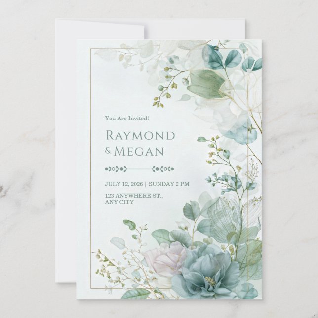 Teal Skeletal Leaf Botanical Gold Frame Wedding Inbjudningar (Framsida)