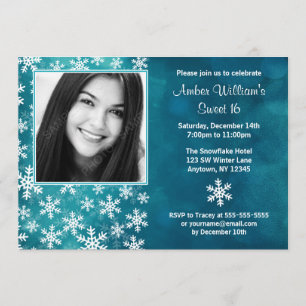 Teal Snöflingor Photo Sweet 16 inbjudningar