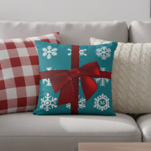 Teal Snöflingor Red Bow jul Dekorativ kudde