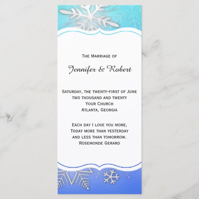 Teal Snowflake Bracket Winter Wedding Program (Framsida)