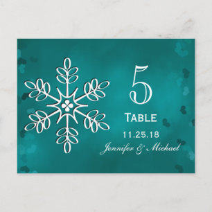 Teal Snowflake Bröllop Bordsnummer Cards