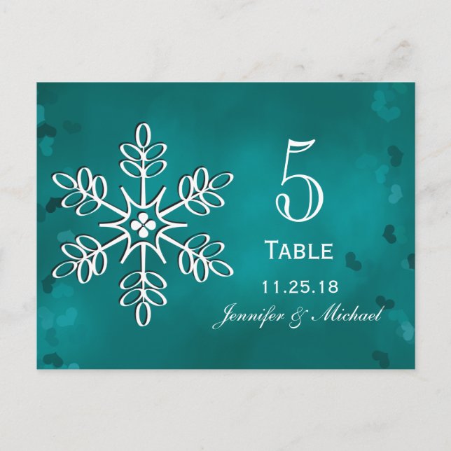 Teal Snowflake Bröllop Bordsnummer Cards (Framsida)