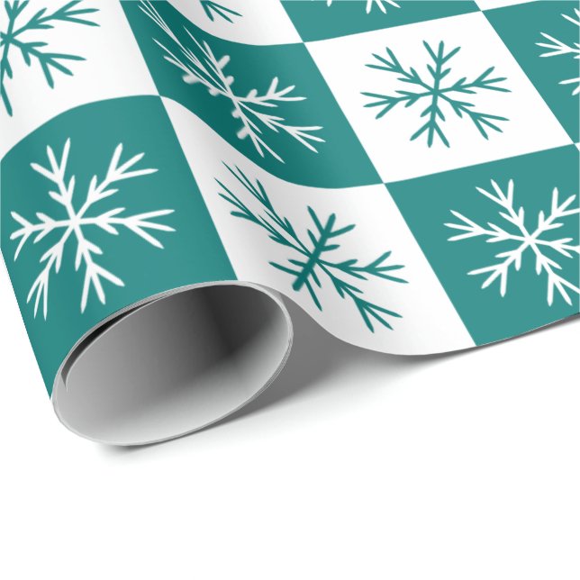 Teal Snowflake Checkated Mönster jul Helgdag Presentpapper (Rullad Hörn)