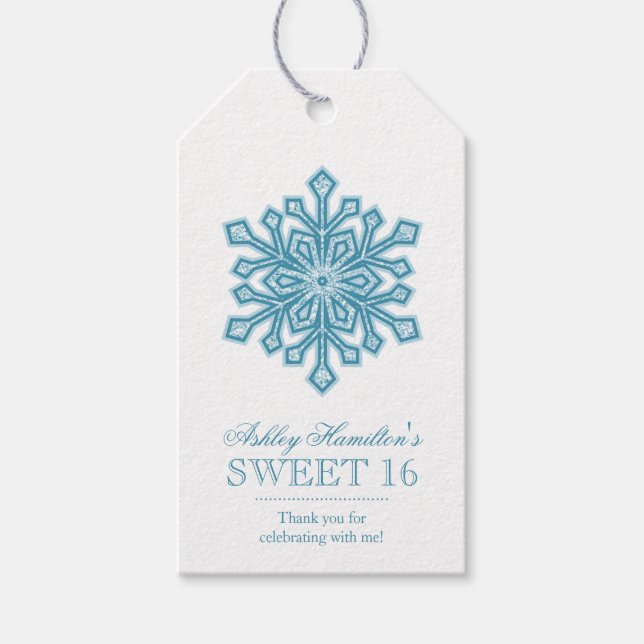 Teal Snowflake Faux Glitter Sweet 16 Winter Presentetikett (Framsidan)