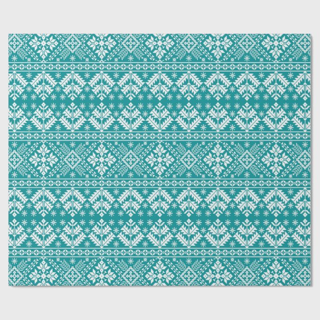 Teal Snowflake & Floral Fair Isle Christmas Presentpapper (Platt)