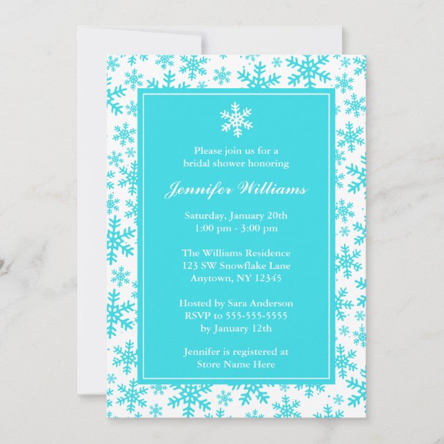 Teal Snowflake Gräns Winter Möhippa Inbjudningar (Framsida)