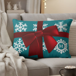 Teal Snowflake Monogram Red Bow-Helgdag Prydnadskudde