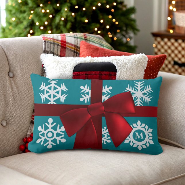 Teal Snowflake Monogram Red Bow Lumbar Pillow Lumbarkudde (Ho Ho Ho! Add your initial to this festive teal and red Christmas lumbar pillow)