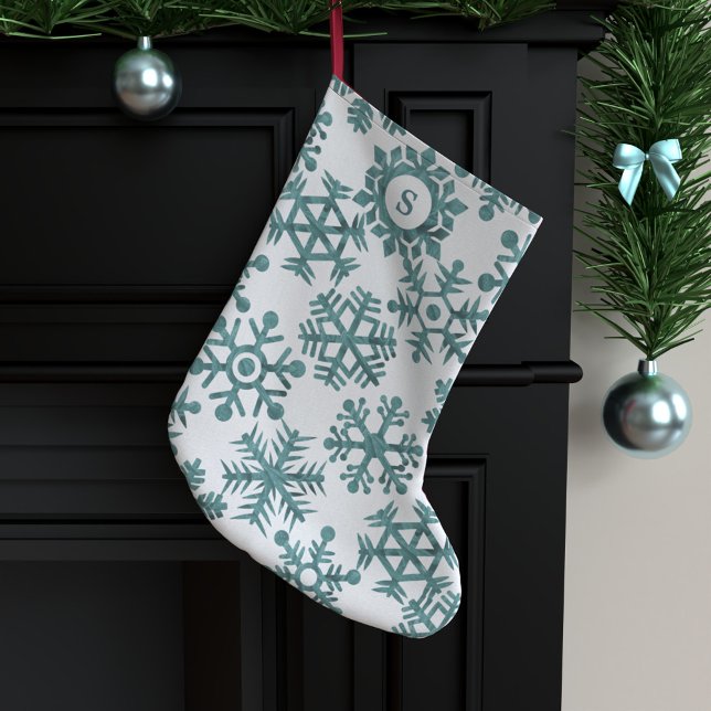 Teal Snowflake Mönster Monogram Stor Julstrumpa (Retro snowflake pattern stocking with space for your initial)
