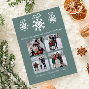 Teal Snowflake Ornaments Photo Collage Julkort