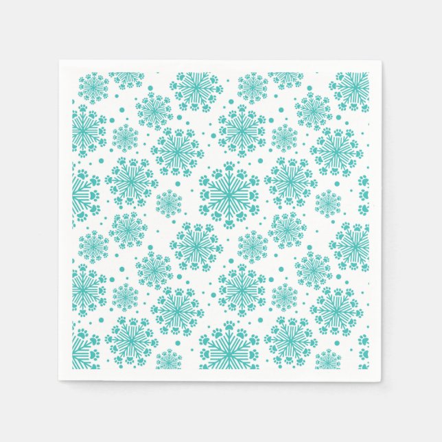 Teal Snowflake på vit med paw print mönster Pappersservett (Framsidan)