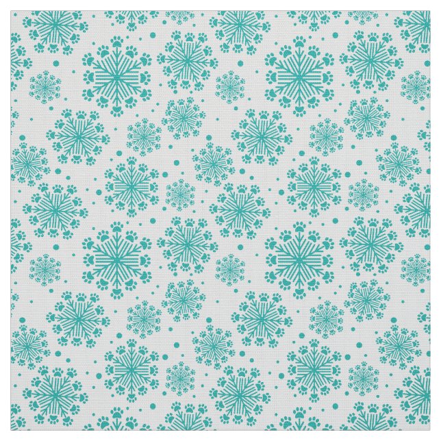 Teal Snowflake på vit med paw print mönster Tyg (Provkarta)