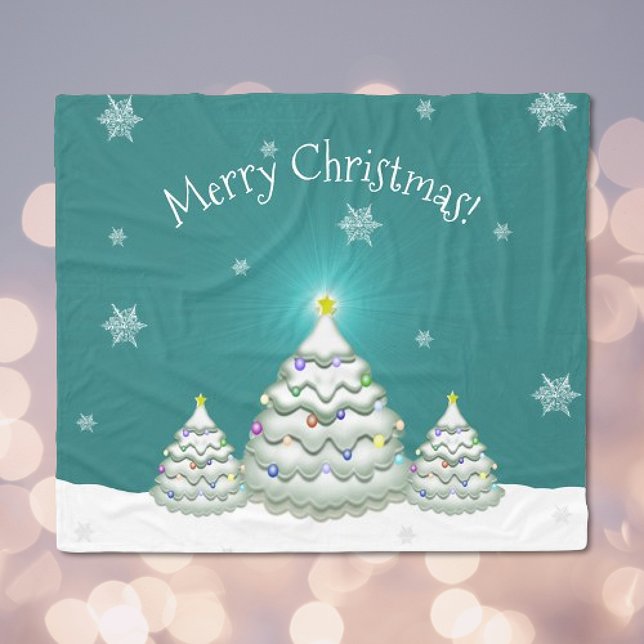 Teal Snowy Julgran Blanket Fleecefilt (Teal Christmas Tree Fleece Blanket)