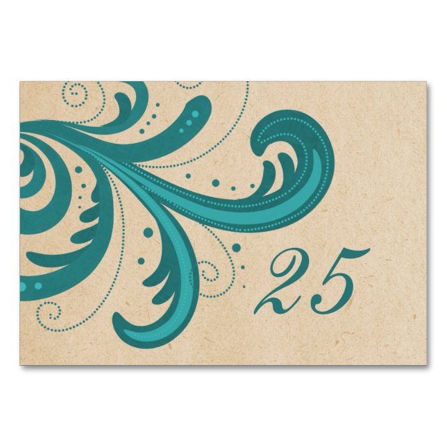 Teal Snyggt Swirls Bord Card Bordsnummer (Framsidan)