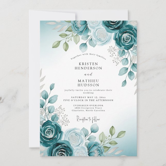 Teal Soft Watercolor Botanical Wedding Inbjudningar (Framsida)