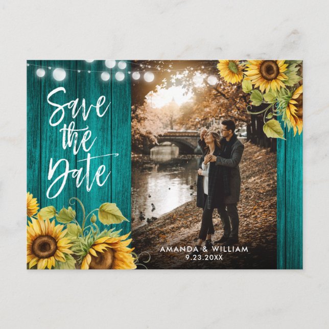 Teal Solros Bröllop Photo Save Date Meddelande Vykort (Framsida)