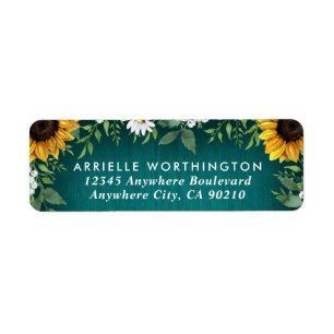 Teal Solros Land Rustic Daisy Bröllop Returadress Etikett