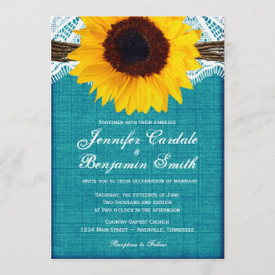 Teal Solros Rustic Landsbyggsbröllop Inbjudan