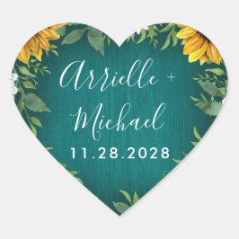 Teal Solros Rustic Wedmedors Stickers Hjärtformat Klistermärke