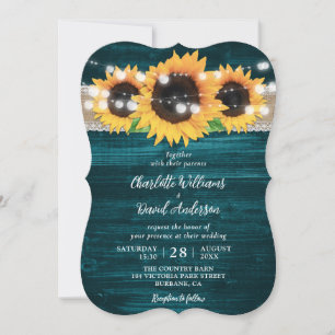 Teal Solros String Ljus Burlap Wood Bröllop Inbjudningar