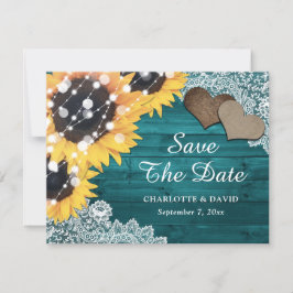 Teal Solros Wood Snöre Burlap Hearts Bröllop Meddelande