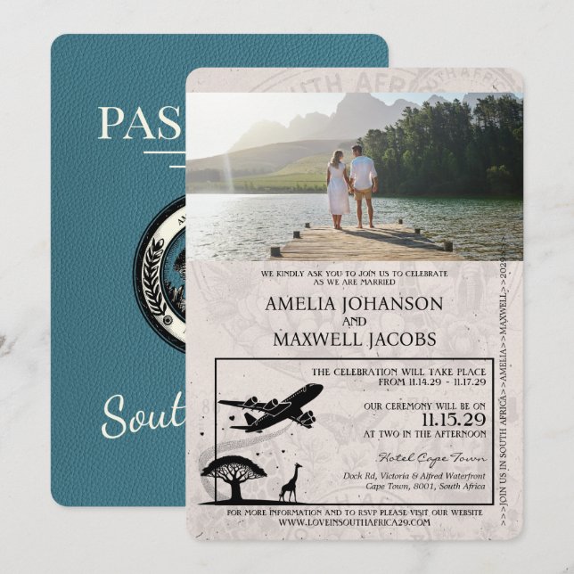 Teal South Afrika Passport Bröllop Inbjudningar (Fram/baksida)