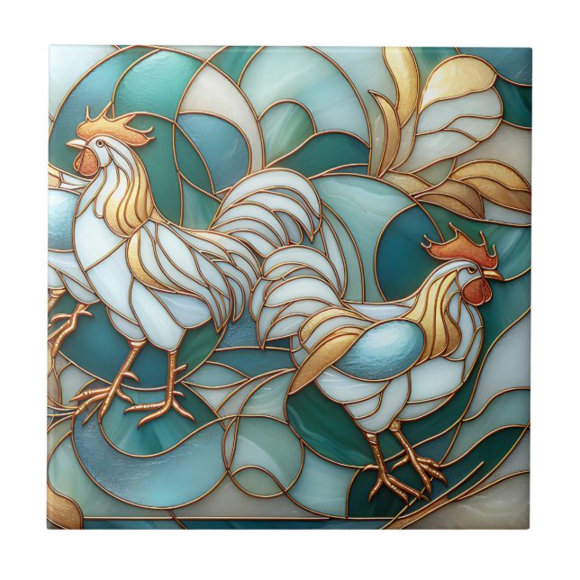 Teal Stained Glass Roosters Elegant Farmhouse Kakelplatta (Framsidan)