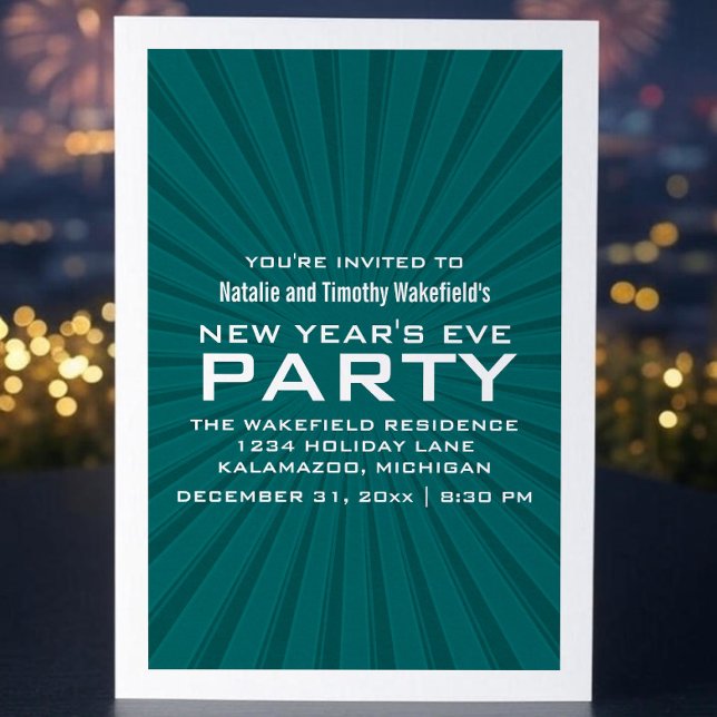Teal Starburst Rand nyår Party Inbjudan (Teal Starburst Stripes New Years Party Invite)