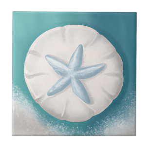Teal Starfish and Sand Dollar Beachy Kakelplatta