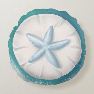 Teal Starfish and Sand Dollar Beachy Rund Kudde