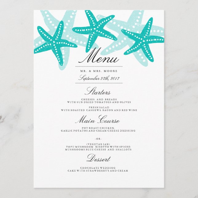 Teal Starfish Beach Wedinner Menu Meny (Framsida)