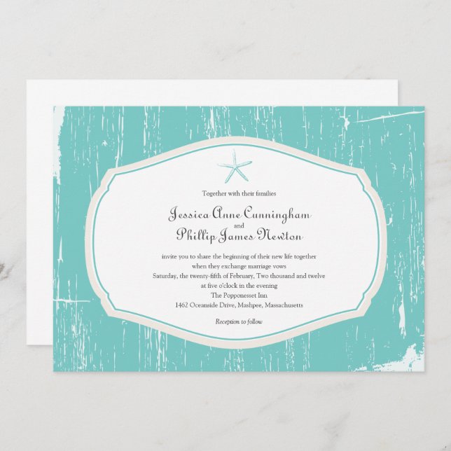 Teal Starfish Rustic Beach Wedding Inbjudningar (Fram/baksida)