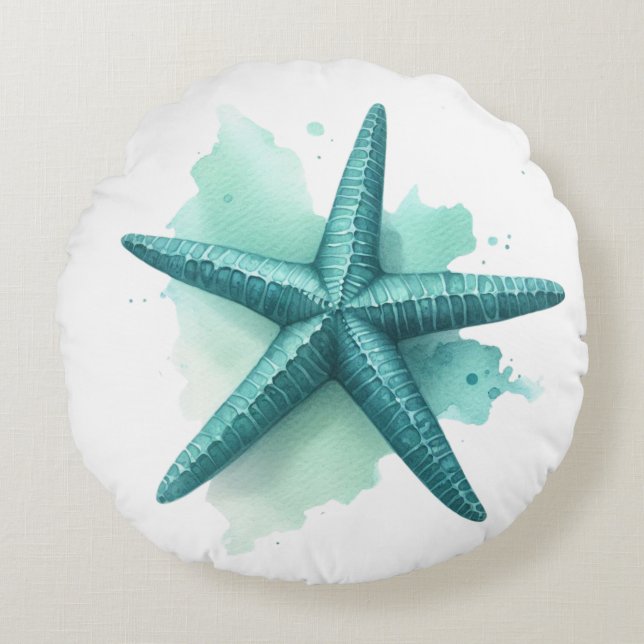 Teal Starfish Seashell Beachy Coastal Snäcka Rund Kudde (Framsidan)