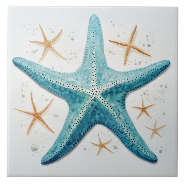 Teal Starfish Watercolor Kakelplatta (Framsidan)