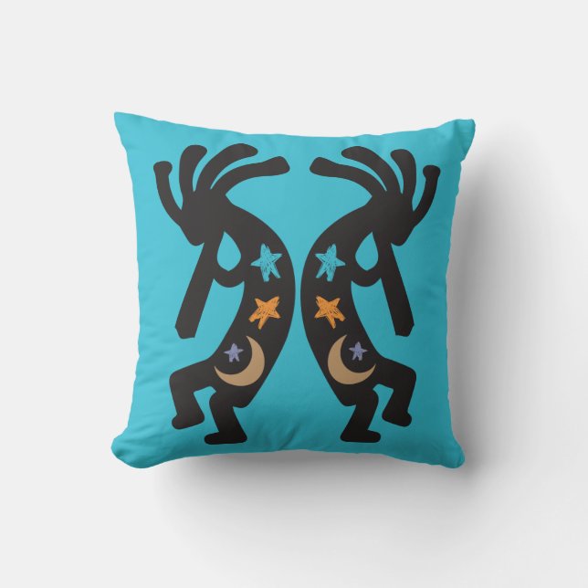Teal Stars och Måne Kokopelli Dekorativ kudde (Framsida)